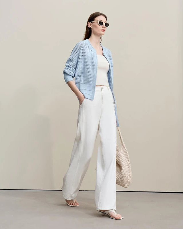 Casual Drop-Shoulder Sleeve Openwork Knit Sweater