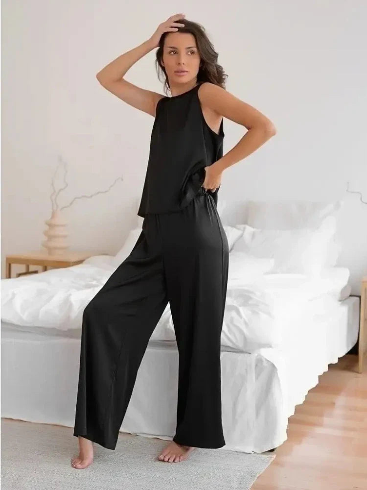 Sleeveless Crossed Back Vest & Loose Trousers Pajama Set