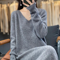 Pure Wool V-Neck Long-Sleeved Dress