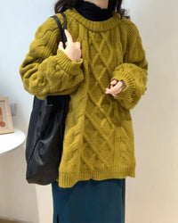 Diamond-Patterned Mid-Length Oversized Sweater