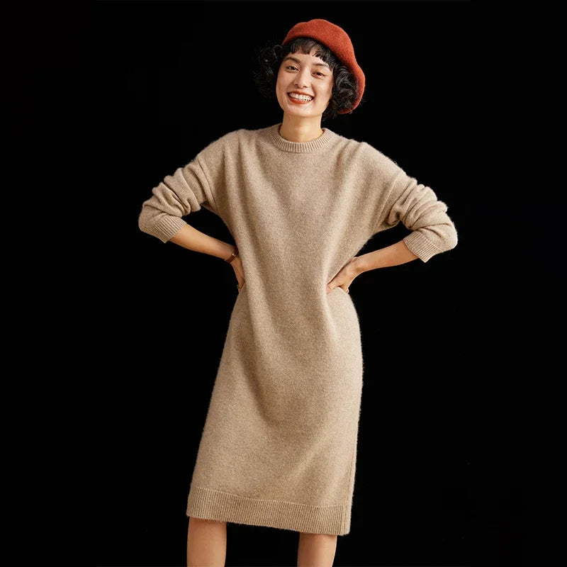 Round-Neck 100% Cashmere Knitted Dress