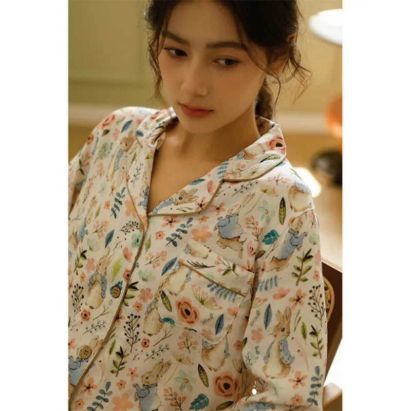 Magic Rabbit Print Long-sleeved Shirt & Trousers Cotton Pajama Set