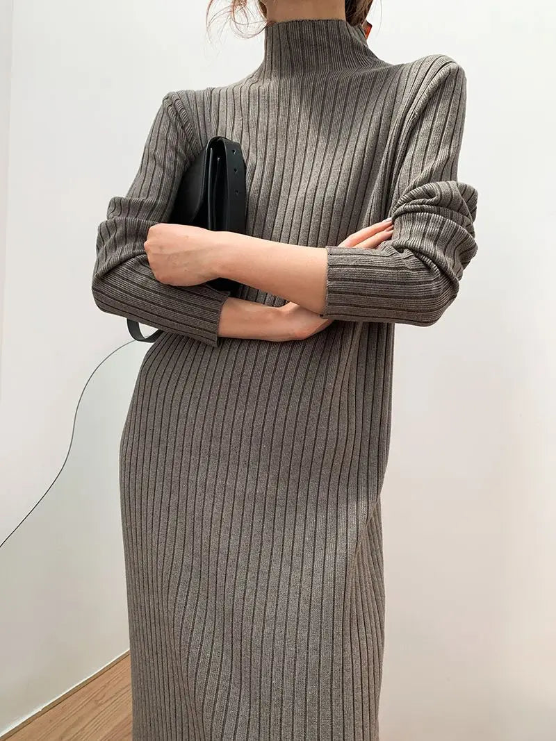 Long Sleeved Ribbed Knitted Turtleneck Sweater Dress