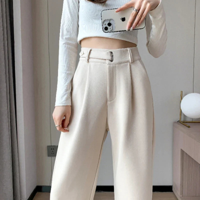 High Waist Straight Leg Woolen Trousers