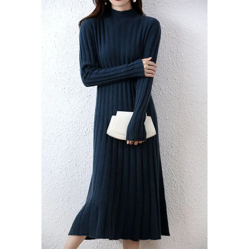 Ribbed Knitted 100% Wool Sweater Dress