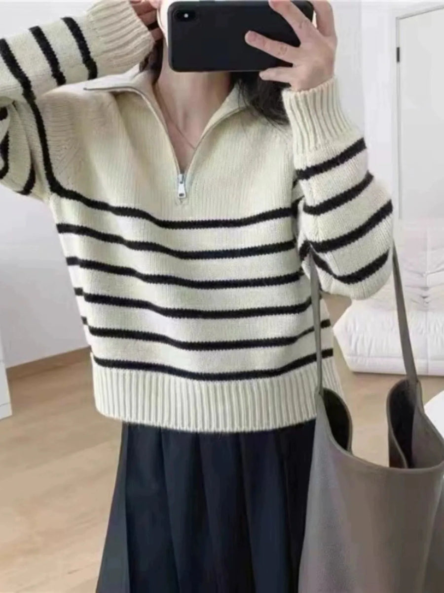 Half Zipper Striped Pure Cashmere Pullover