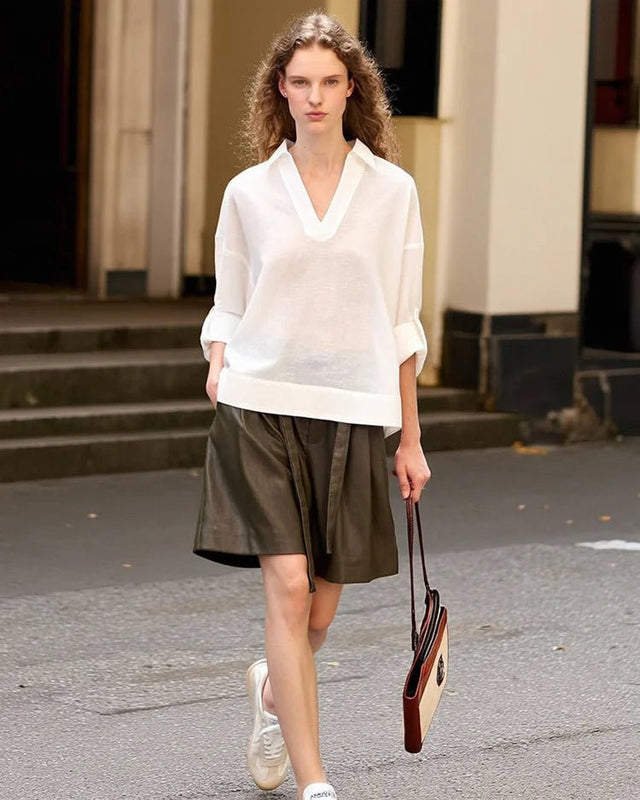 Retro Cotton Linen V-Neck Long-Sleeved Collared Shirt