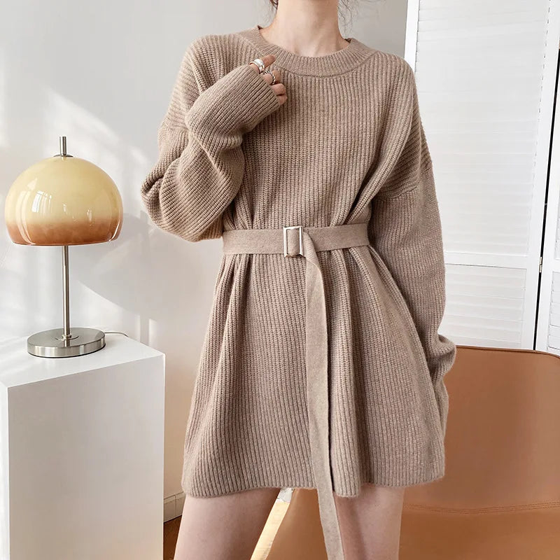 Vintage Round-neck Belted Knitted Dress