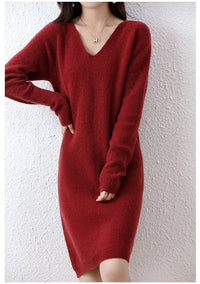 V-Neck 100% Merino Wool Knitted Dress GentleHerd