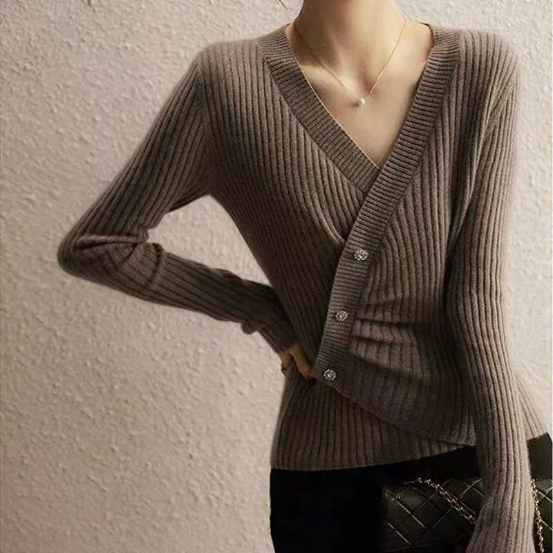 Designers' V-neck Wool Sweater with Asymmetrical Buttons