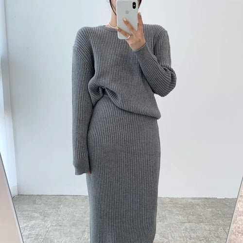 Ribbed Knited Round-Neck Sweater & Midi Skirt Set