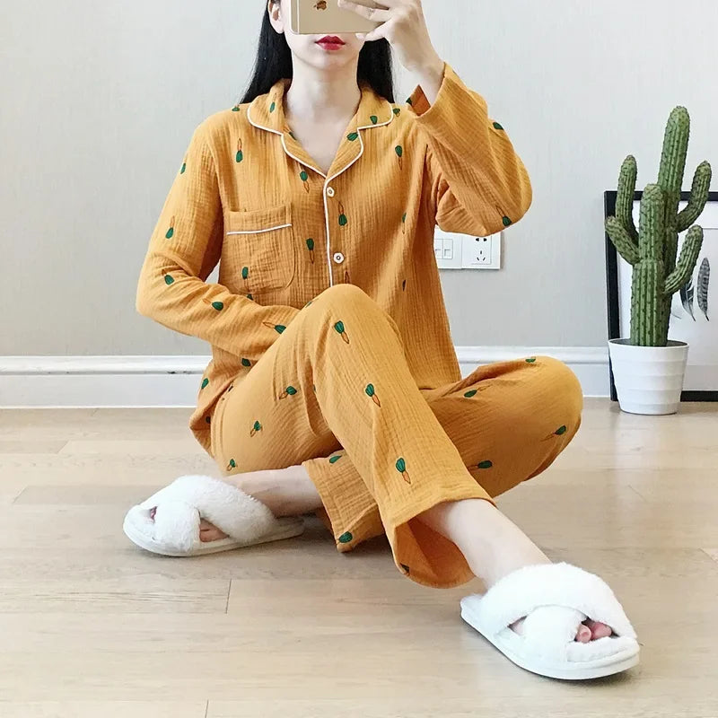 Long Sleeve Shirt & Trouser Cotton Pajamas Suit