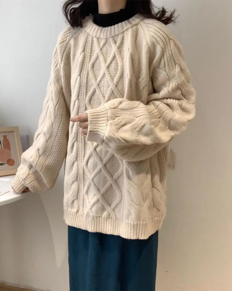 Diamond-Patterned Mid-Length Oversized Sweater