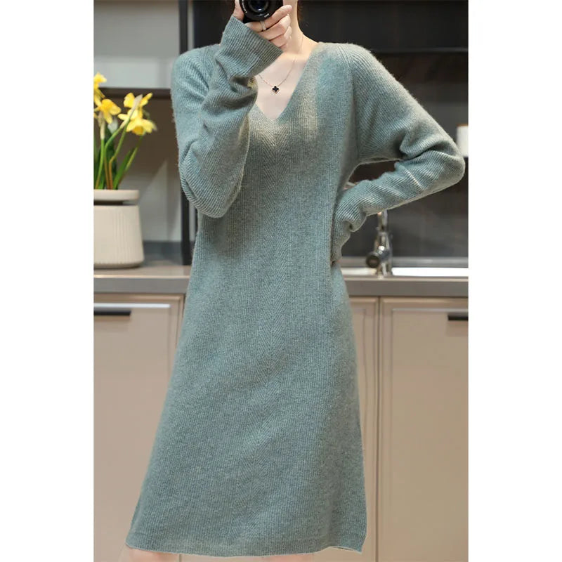 V-Neck 100% Merino Wool Knitted Dress GentleHerd