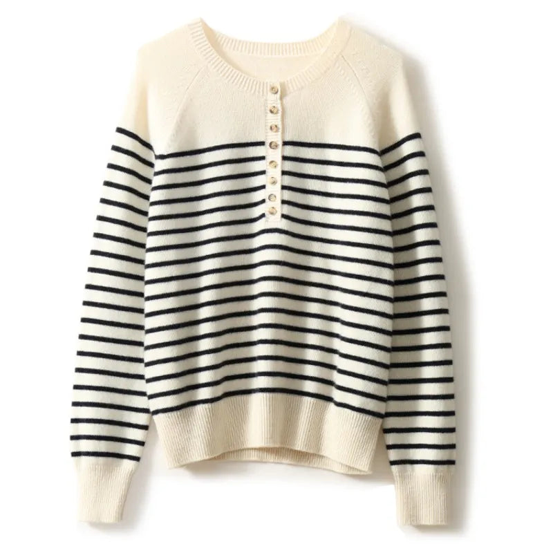 Button Detailed Striped Wool Pullover