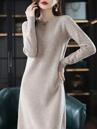 Round-Neck Merino Wool Knitted Midi Dress