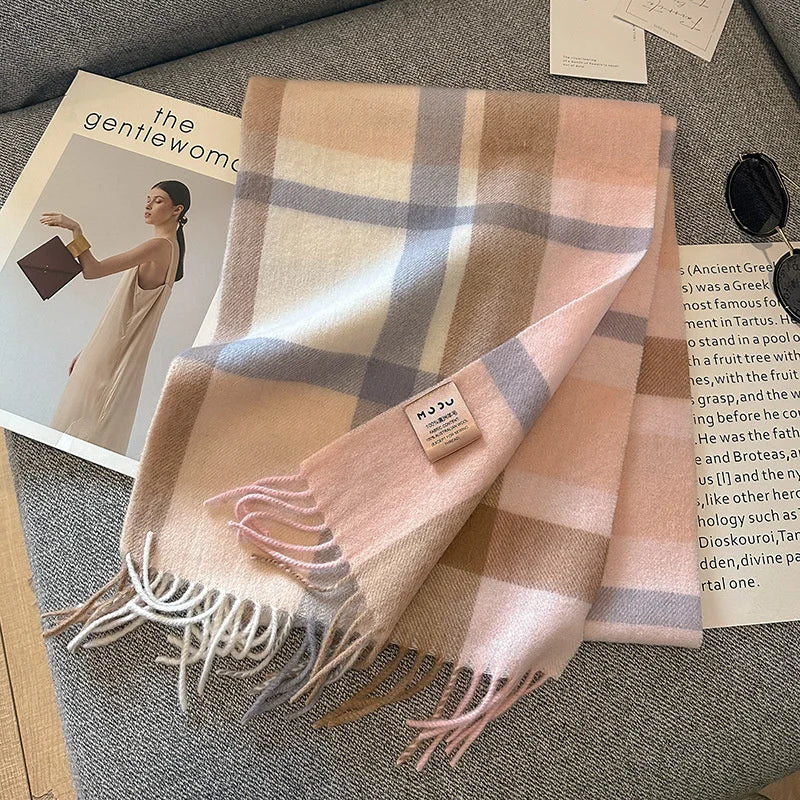 Checked 100% Wool Scarf With Fringed