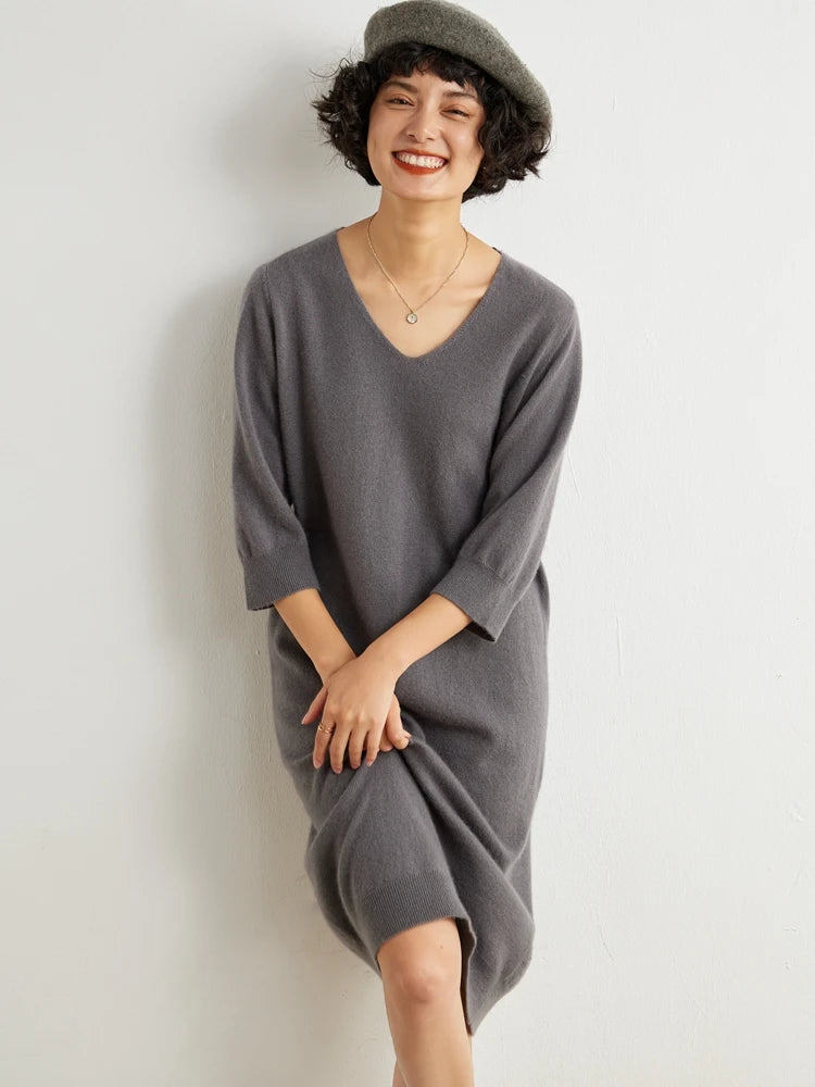 100% Cashmere Half Sleeve Sweater Dress