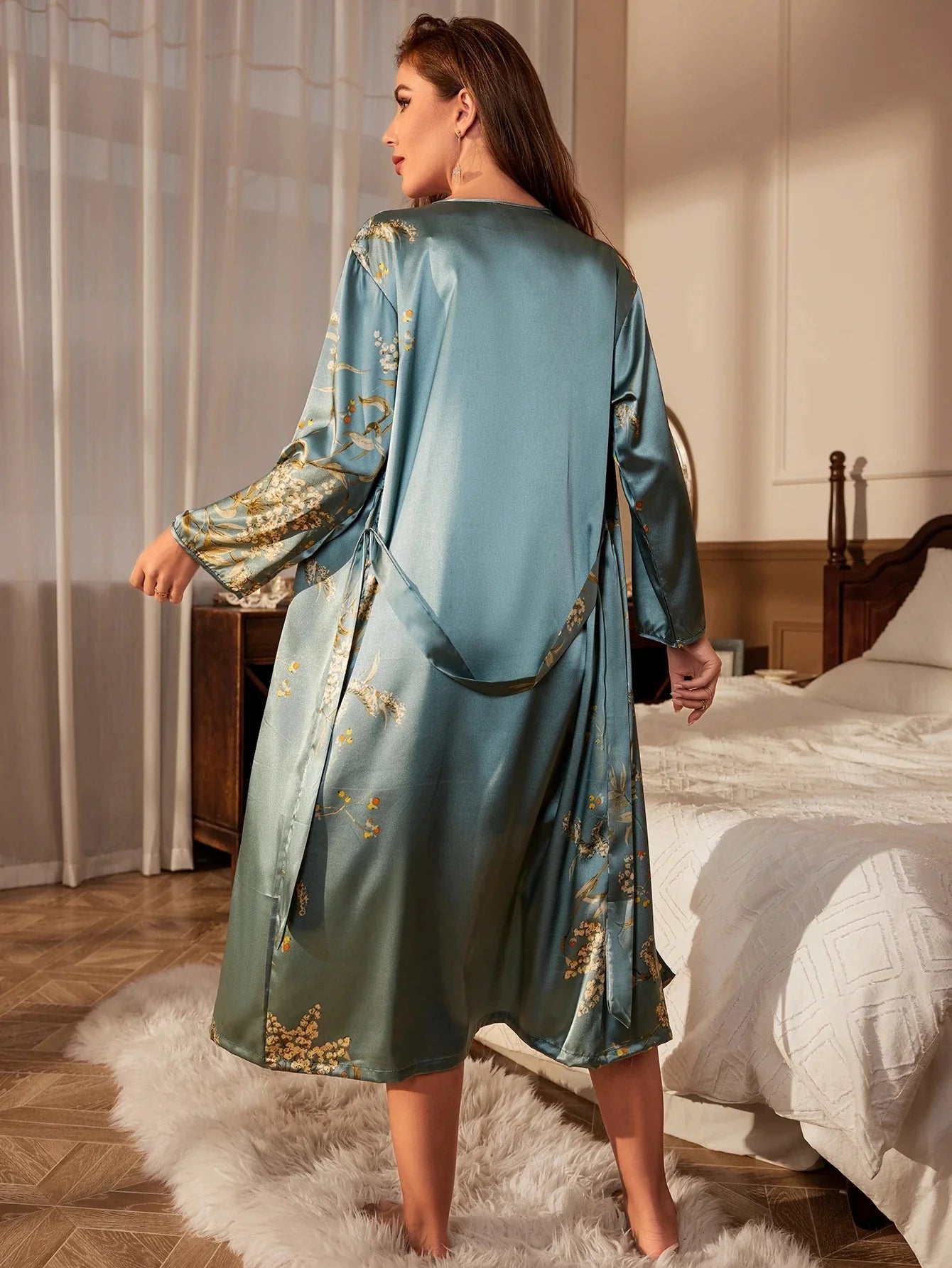 Print Satin dress & Robe Nightgown Set