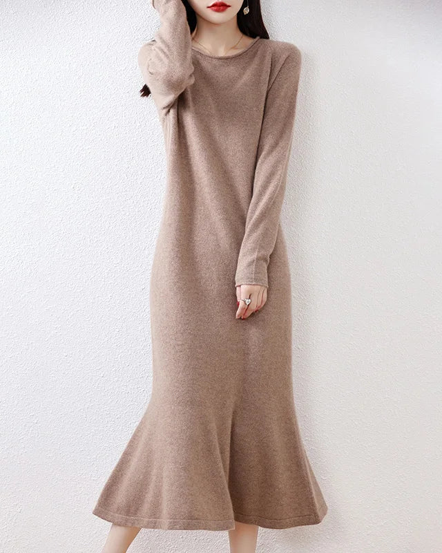 Wool Round-Neck Rolled-Hem Mermaid Long Dress