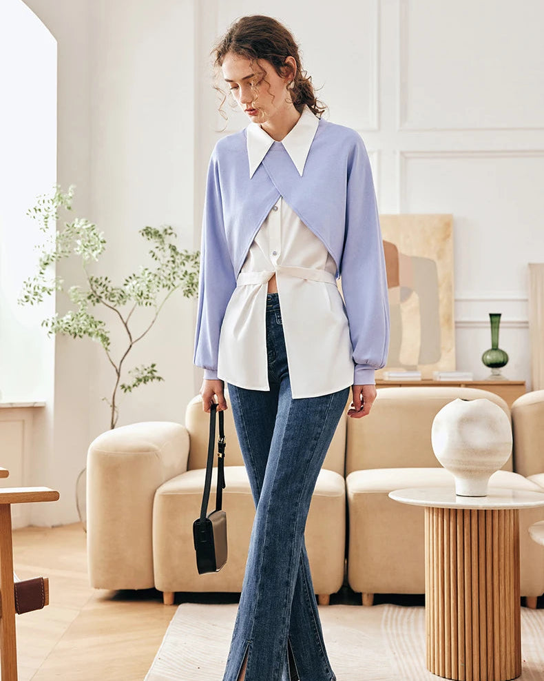 Pointed Collar Irregular Button Slit Short Shirt