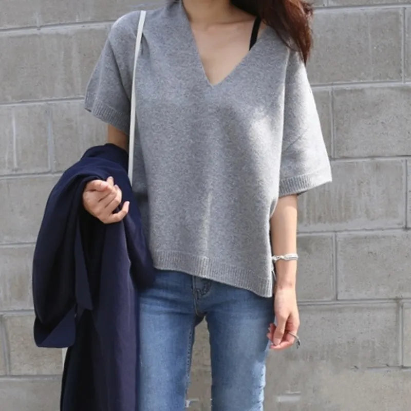 V-Neck Short Sleeve Wool Pullover Top