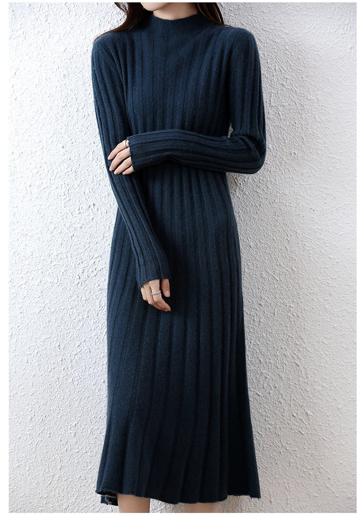 Ribbed Knitted 100% Wool Sweater Dress