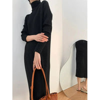 Long Sleeved Ribbed Knitted Turtleneck Sweater Dress