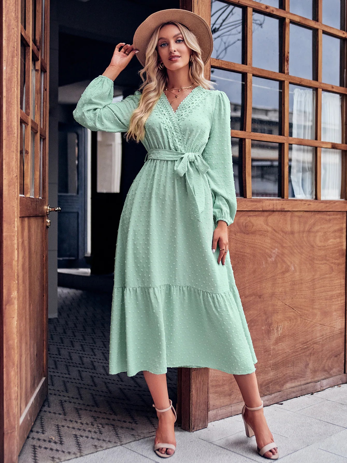 V-Neck Long Sleeve Tied Waist Dress