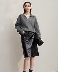 Solid Color Loose V-Neck Long-Sleeved Sweater