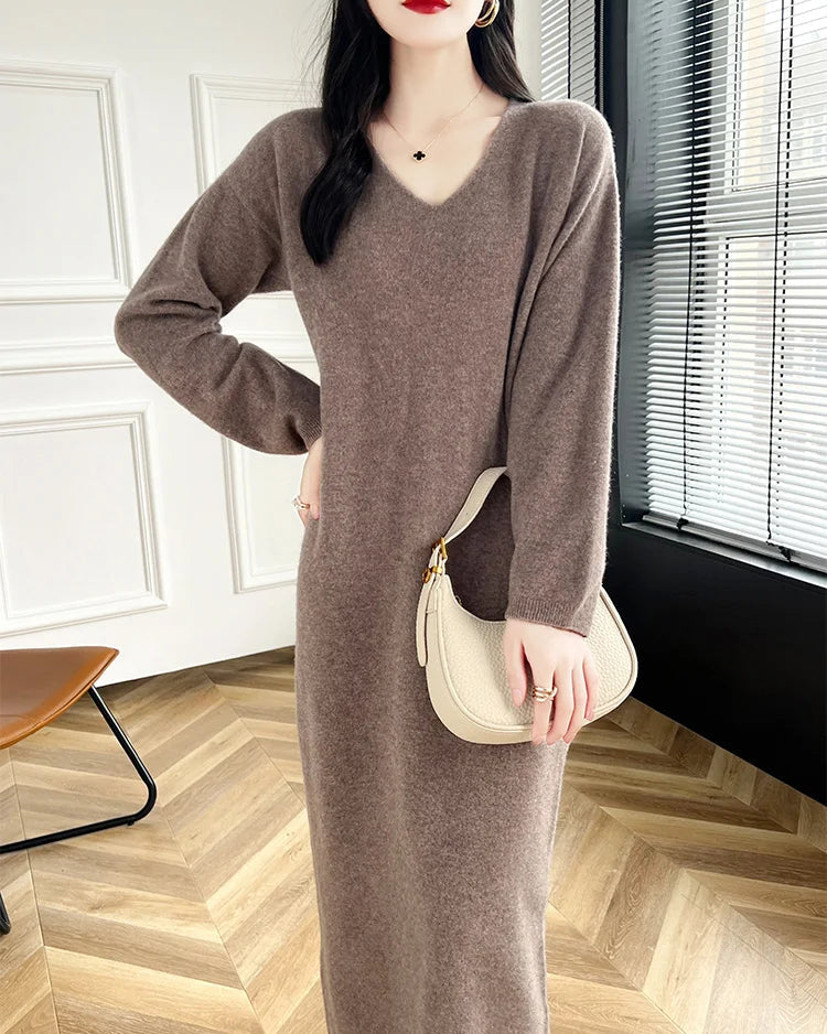Wool V-Neck Long Sweater Dress
