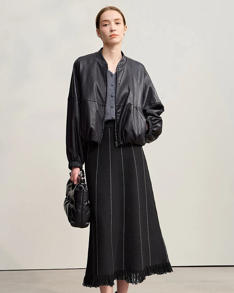 Knitted Striped A-Line Tassel Midi Skirt