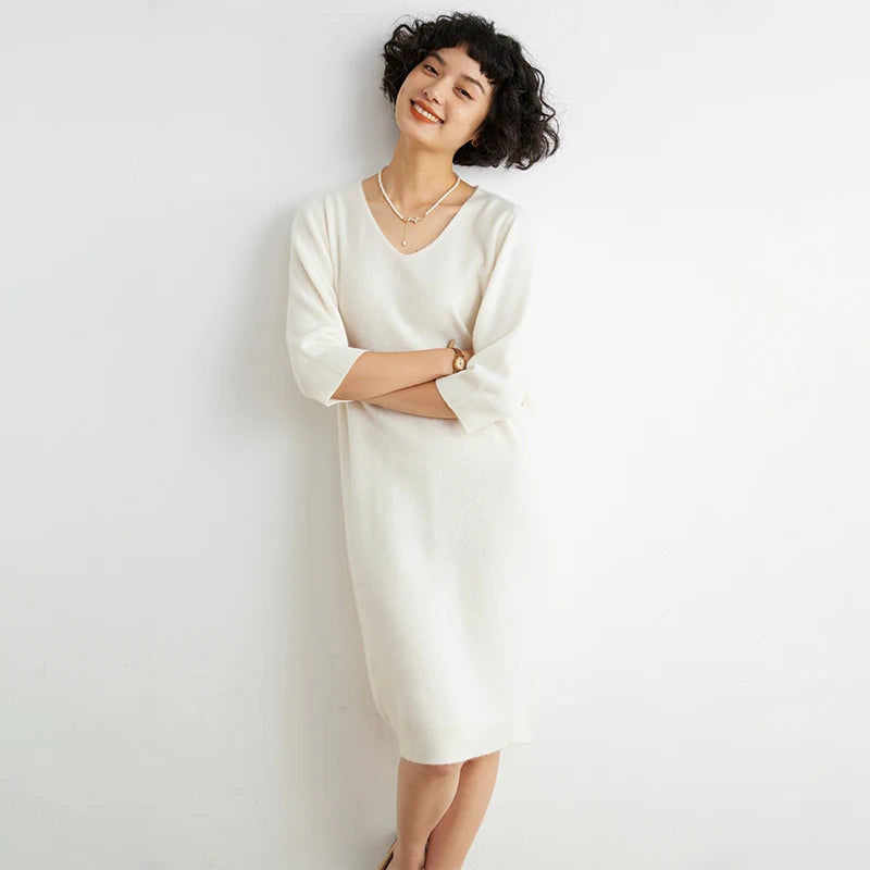 100% Cashmere Half Sleeve Sweater Dress