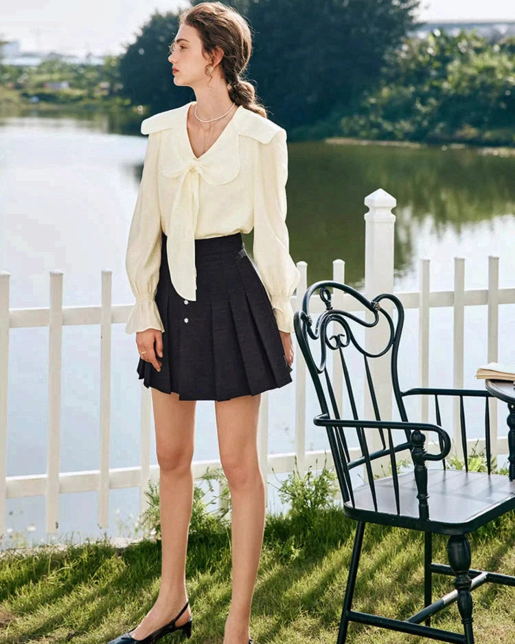 Elegant Lace V-Neck Bow Blouse