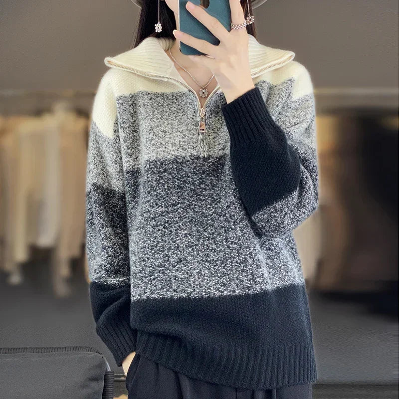 Color Block High Collar Wool Knitted Pullover Sweater