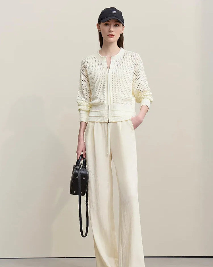 Casual Drop-Shoulder Sleeve Openwork Knit Sweater