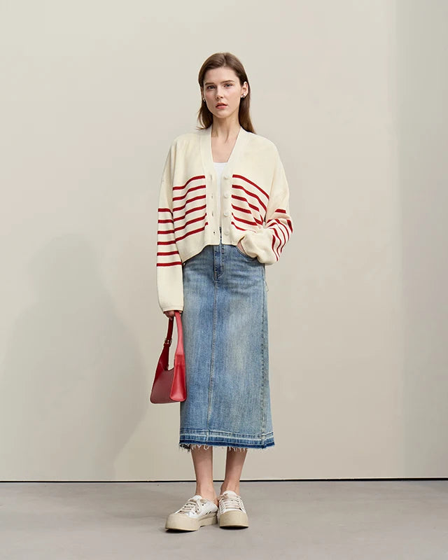 Dropped-Shoulder V-Neck Striped Cardigan Sweater