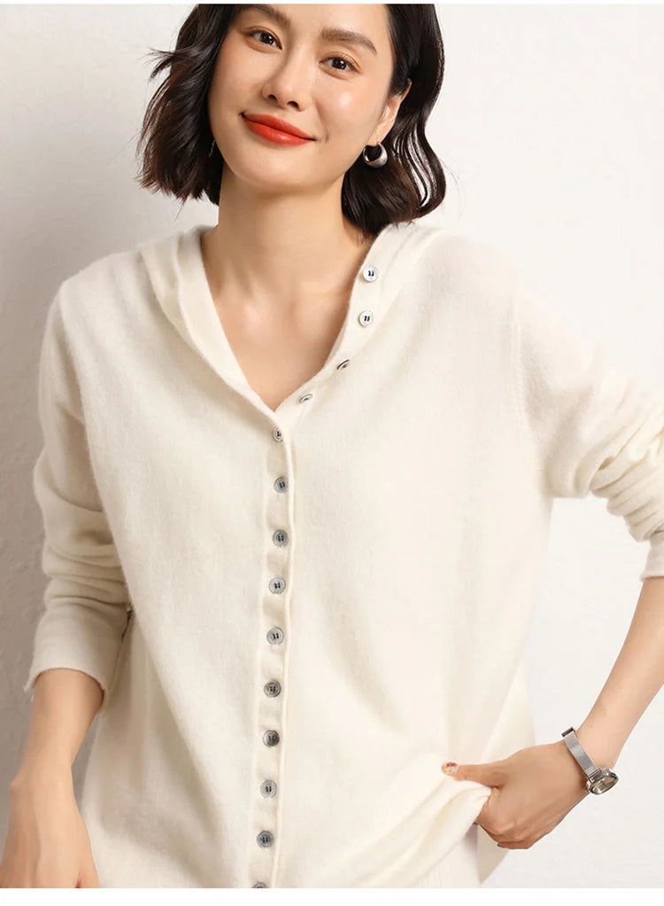 100% Cashmere Knitted Hooded Cardigan