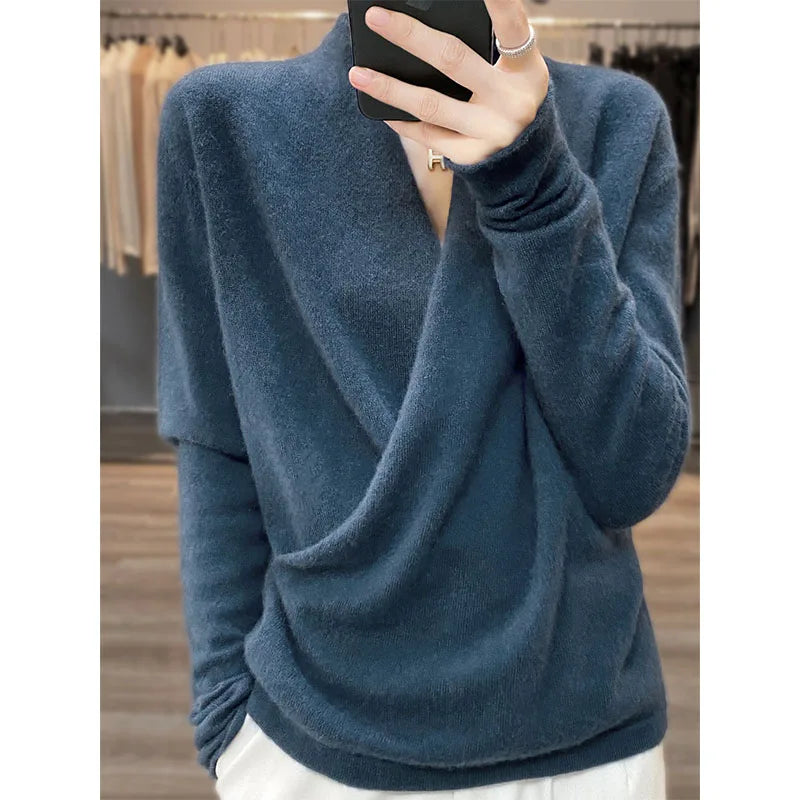 V-neck Wrap Style 100% Wool Knitted Sweater