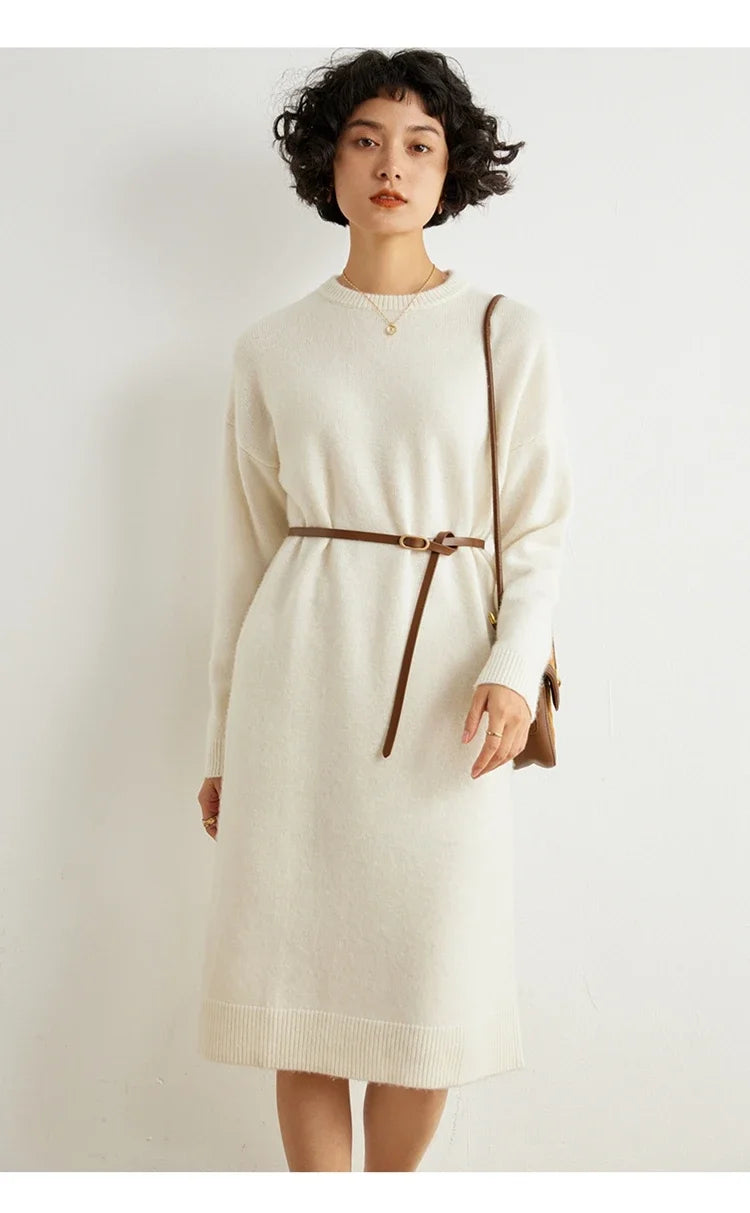 Round-Neck 100% Cashmere Knitted Dress