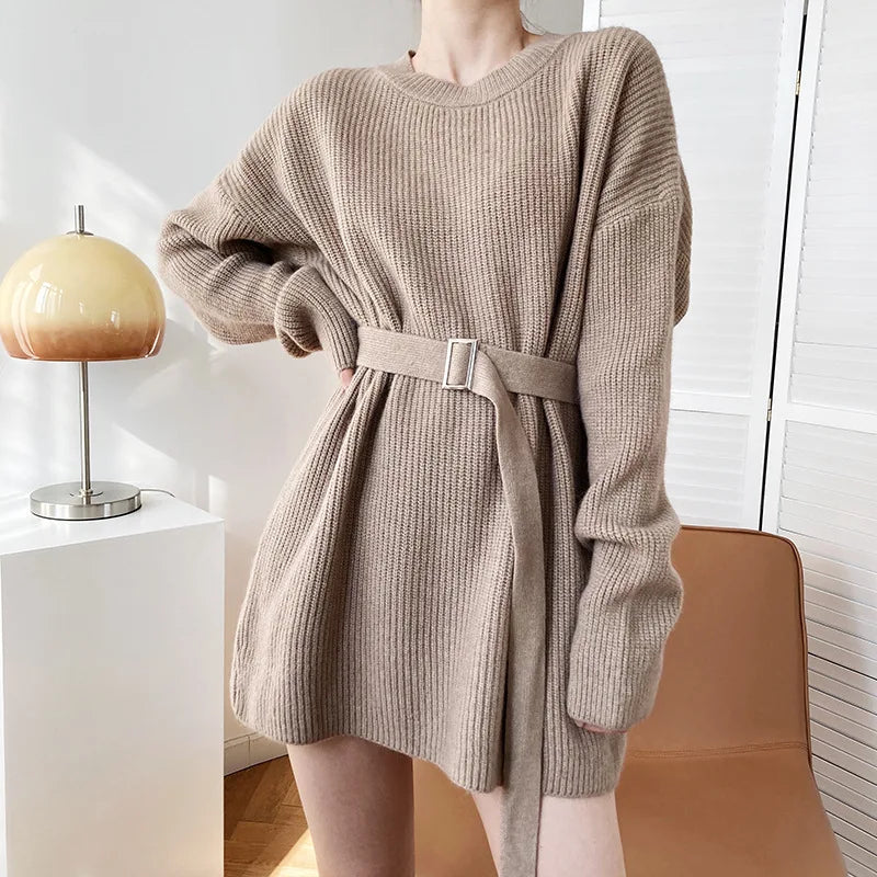 Vintage Round-neck Belted Knitted Dress