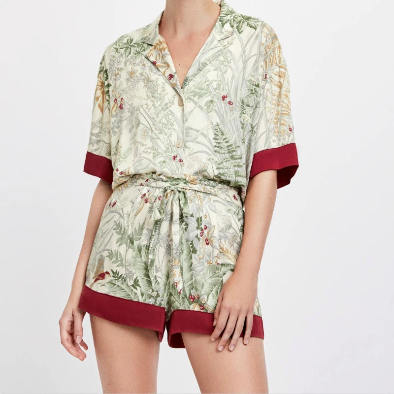 Printed Short Sleeve Shirt & Shorts Satin Pajamas Set