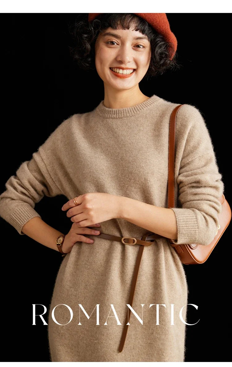 Round-Neck 100% Cashmere Knitted Dress