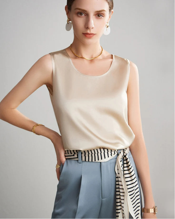 Crew-Neck Sleeveless Silk Top