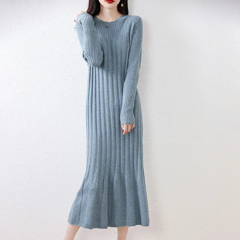 Round-Neck Long Sleeves Wool Dress