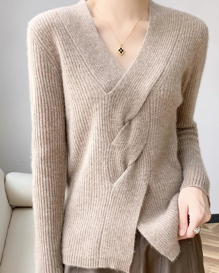 Wool V-Neck Crossover Pullover Sweater