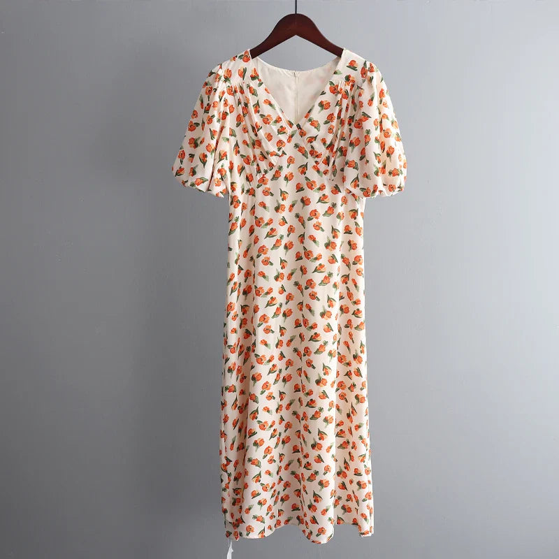 Floral Printed V-Neck Chiffon Dress