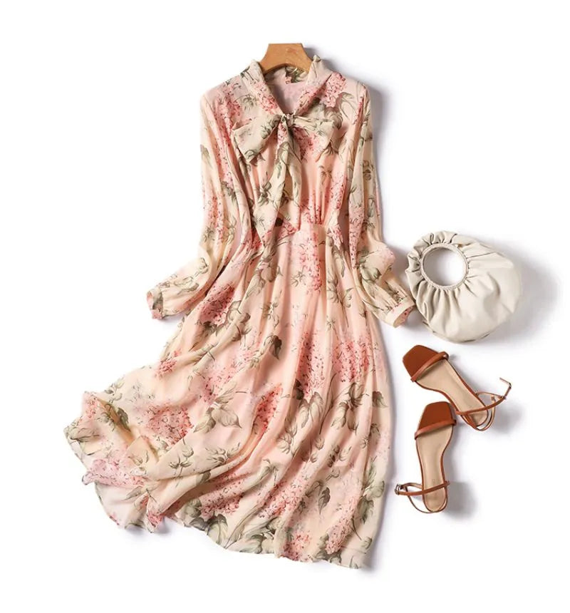 Floral Print Chiffon Bow Neck Long Sleeve Dress