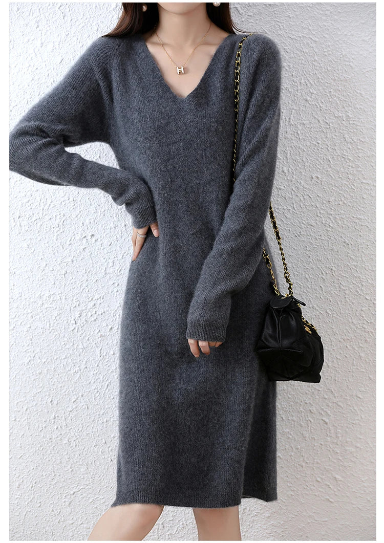 V-Neck 100% Merino Wool Knitted Dress GentleHerd