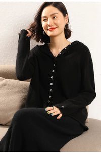 100% Cashmere Knitted Hooded Cardigan